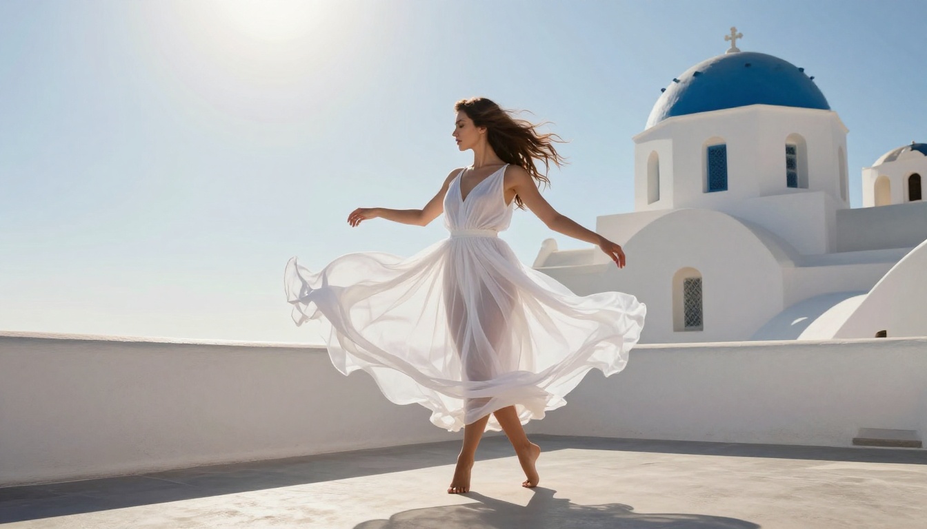Woman in sheer white dress dancing barefoot on Santorini terrace at midday Woman in sheer white dress dancing barefoot on Santorini terrace at midday
