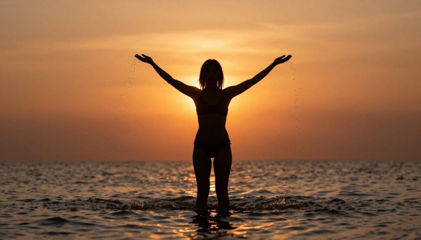 Artistic silhouette of woman against crimson sunset with water droplets frozen in air Artistic silhouette of woman against crimson sunset with water droplets frozen in air