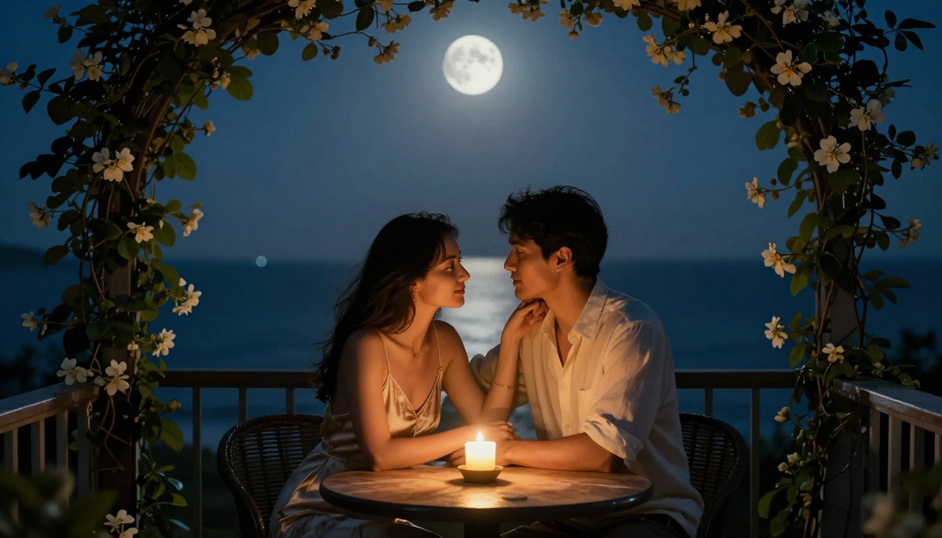 Intimate romantic couple on moonlit balcony with jasmine vines and distant ocean bokeh Intimate romantic couple on moonlit balcony with jasmine vines and distant ocean bokeh