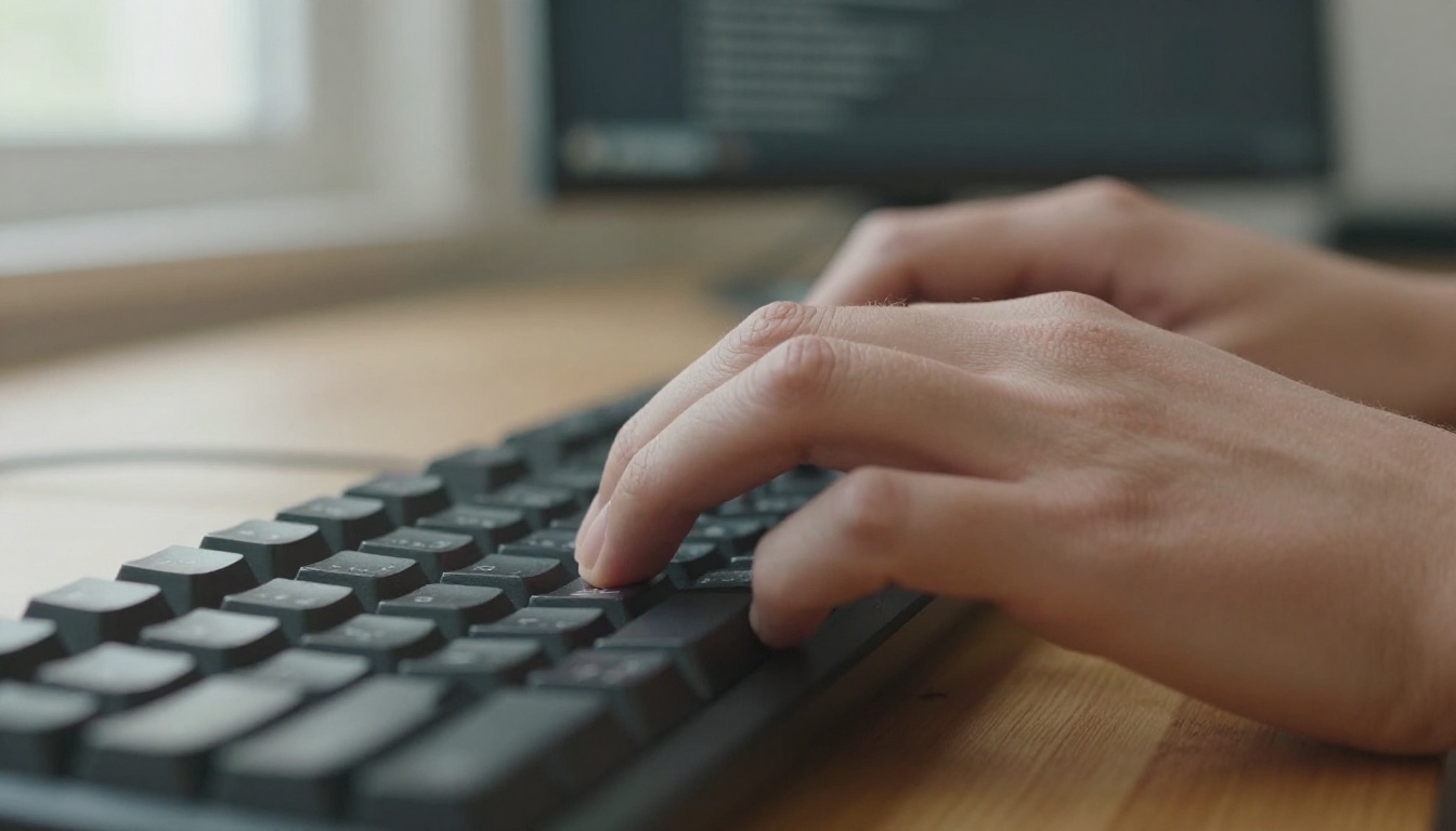 Extreme close-up macro of hands typing on a mechanical keyboard with a blurred monitor in the background