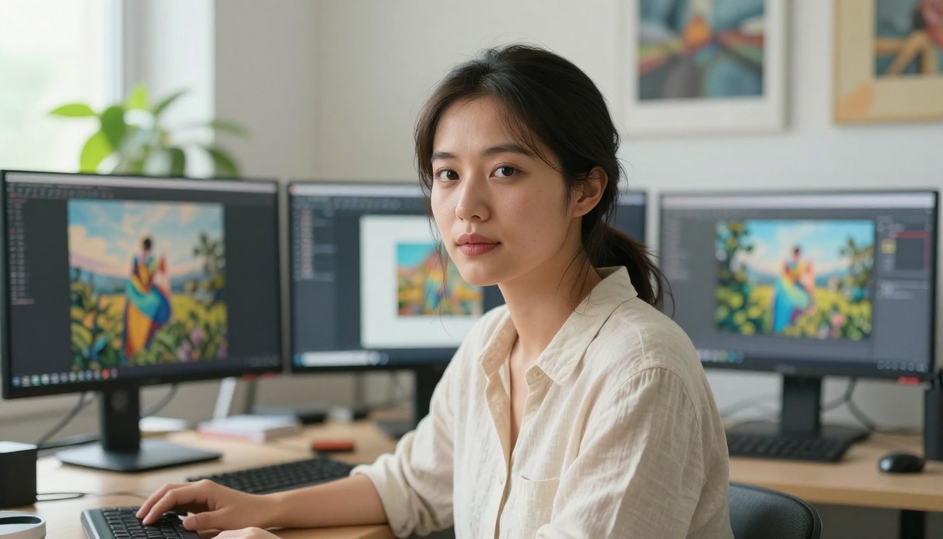 Photorealistic portrait of a female graphic designer at a panoramic monitor workstation in a bright creative studio