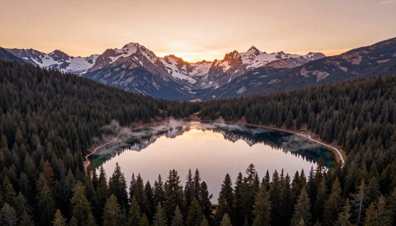 Aerial drone photograph of a pristine alpine lake surrounded by conifer forest at golden hour with mirror-still water reflections Aerial drone photograph of a pristine alpine lake surrounded by conifer forest at golden hour with mirror-still water reflections