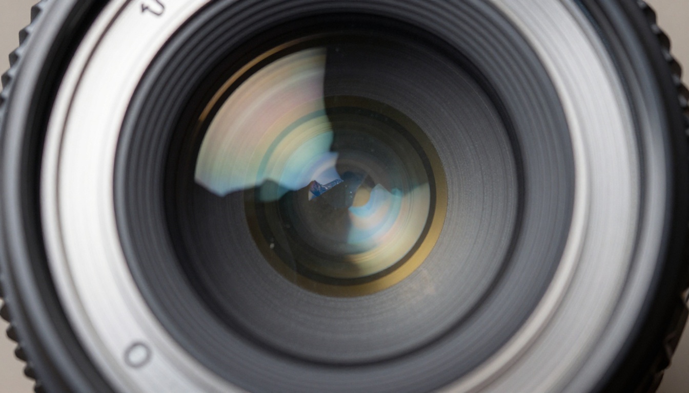 Extreme macro close-up of a professional camera lens showing aperture blades and rainbow coating interference patterns