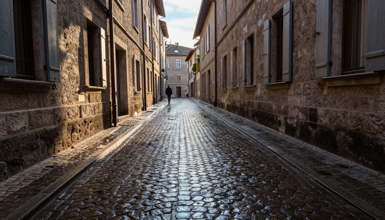 Low-angle shot of a narrow European cobblestone alley at dawn with wet reflective stones and a solitary figure in the distance Low-angle shot of a narrow European cobblestone alley at dawn with wet reflective stones and a solitary figure in the distance