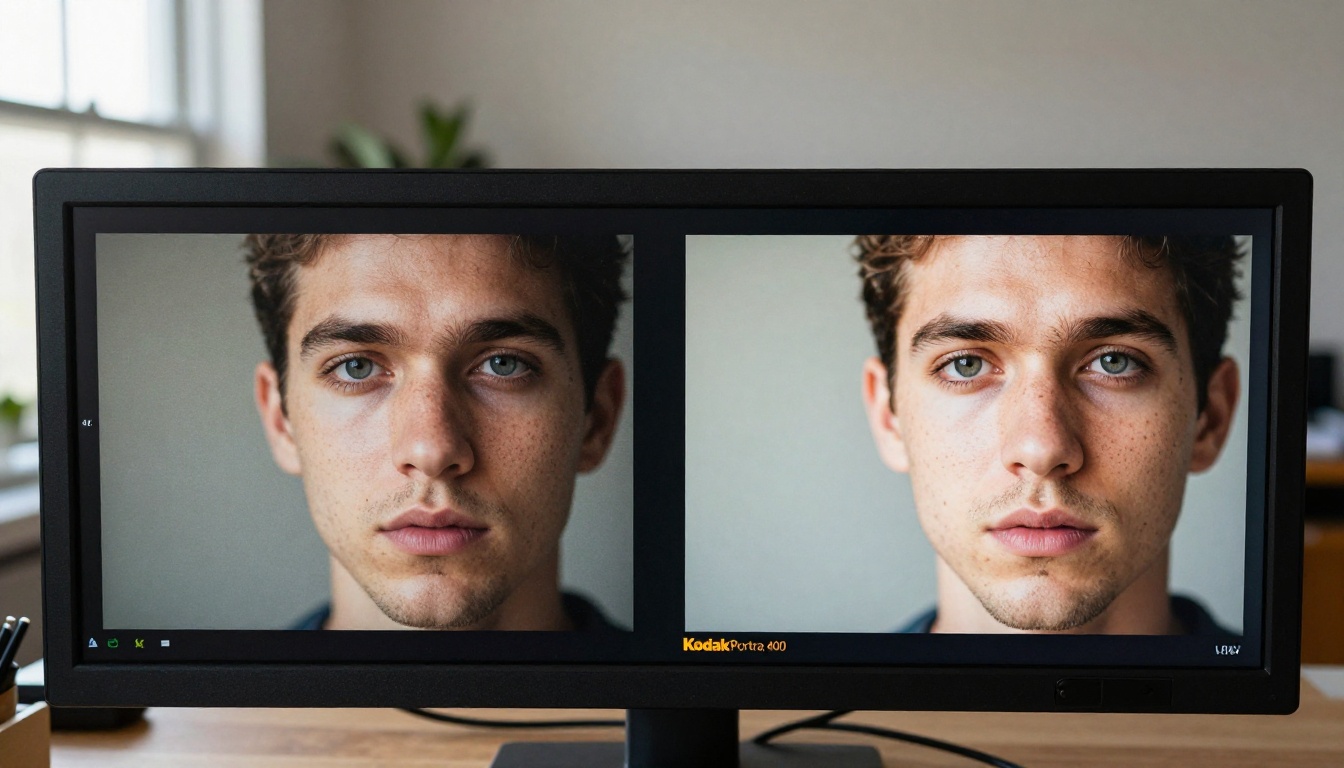 Side-by-side comparison on a 4K monitor showing a low-resolution noisy photo versus an ultra-sharp upscaled version