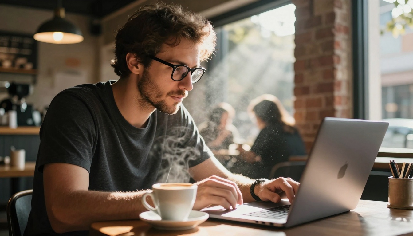 Male photographer reviewing images on a laptop in a warm sunlit coffee shop with visible afternoon light rays Male photographer reviewing images on a laptop in a warm sunlit coffee shop with visible afternoon light rays