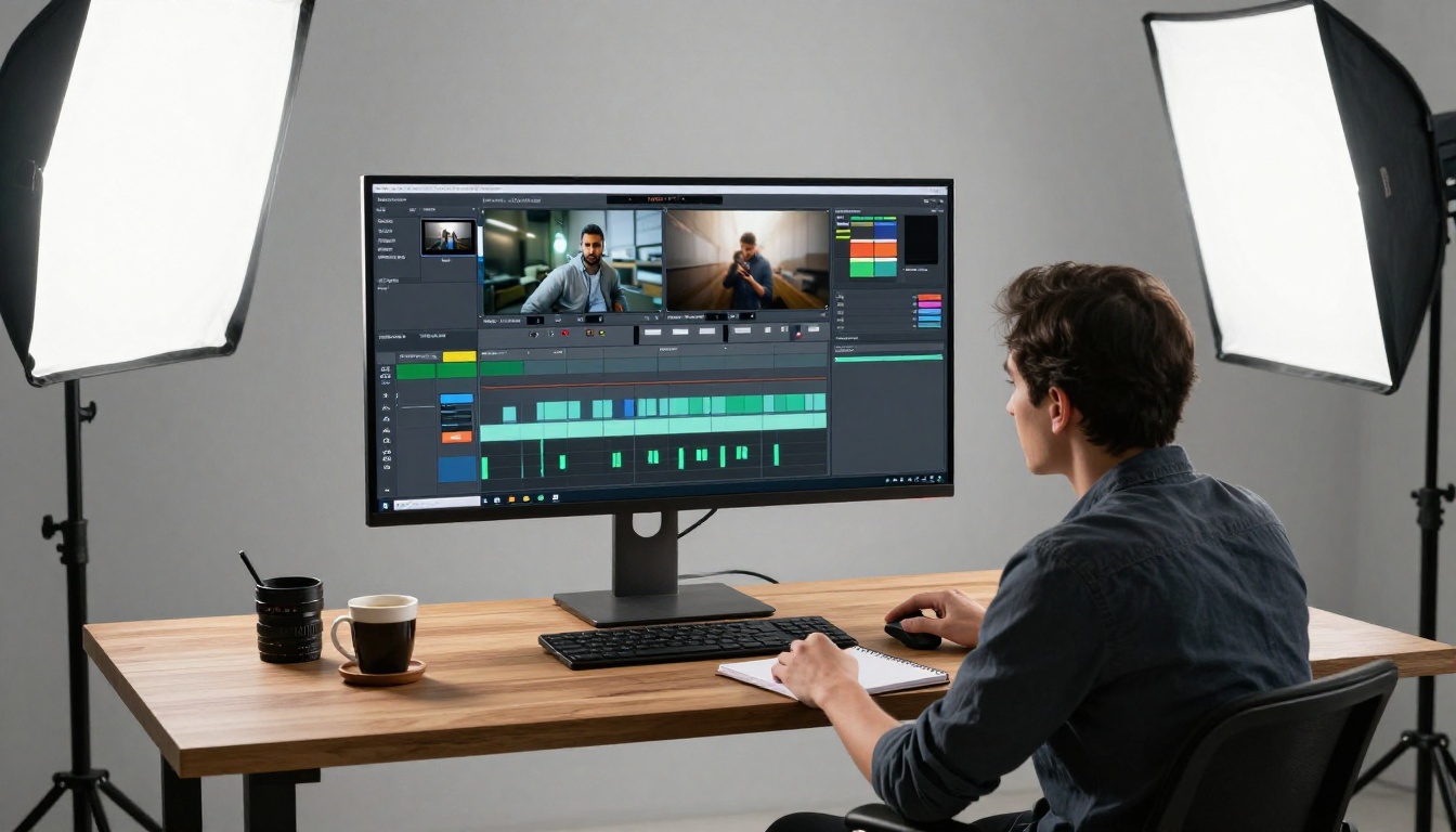 Video producer reviewing multi-track video timeline on wide monitor at professional standing desk