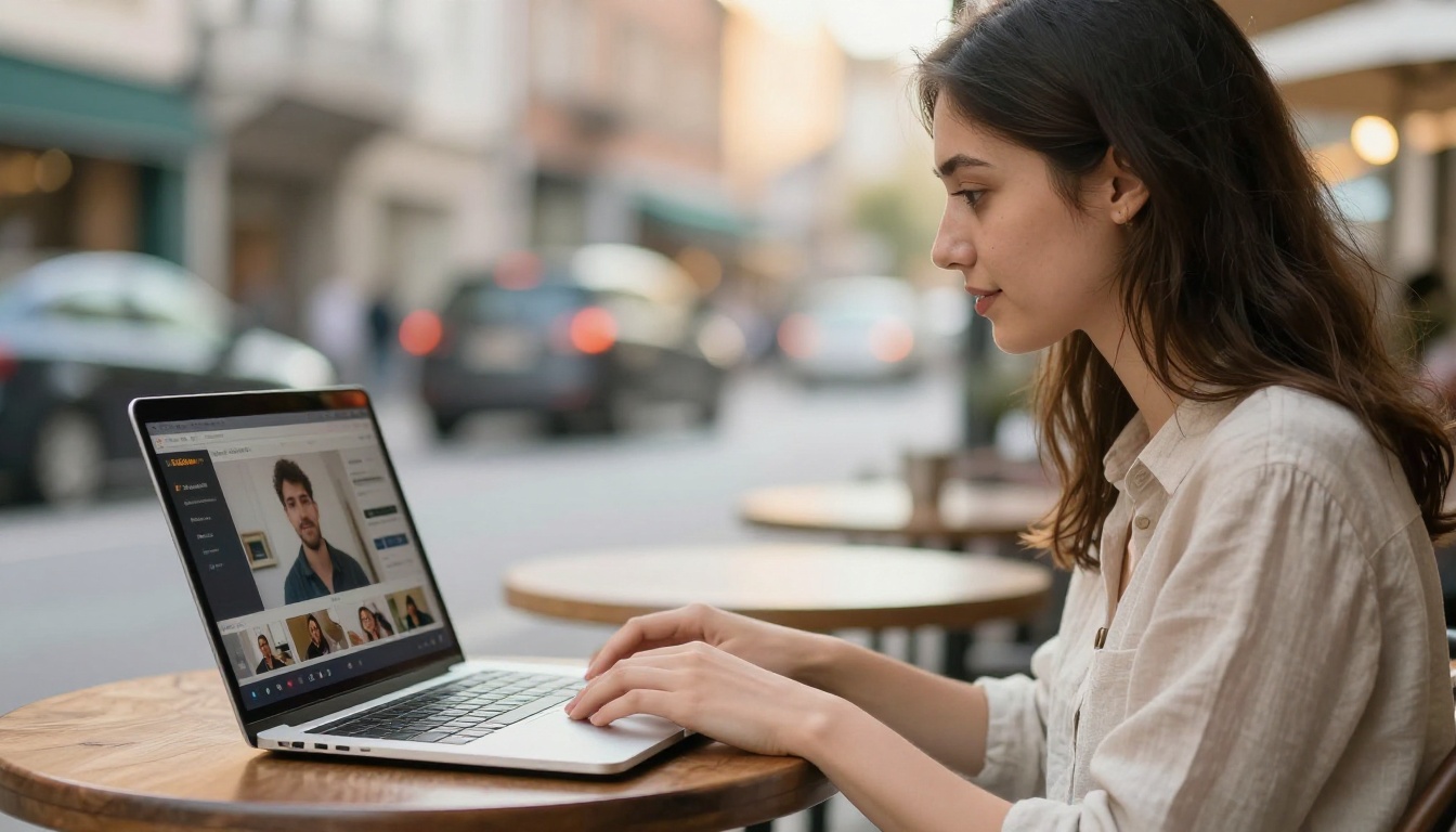 Young professional creator working on laptop at outdoor cafe table, warm afternoon light