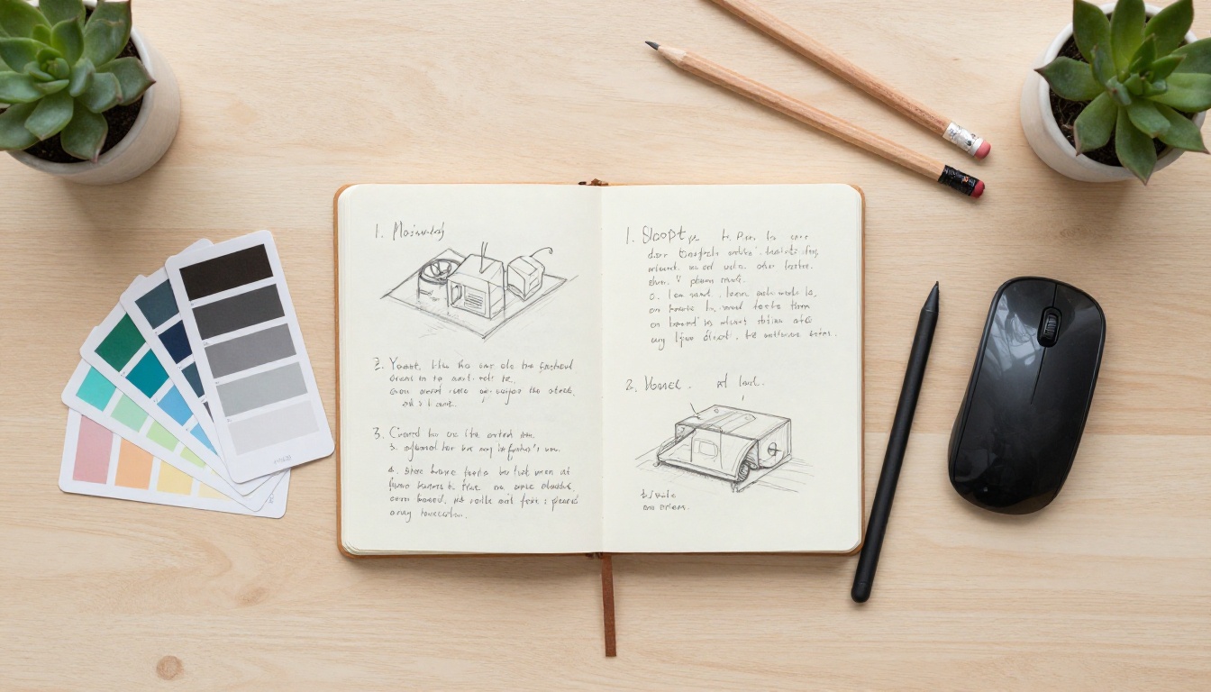 Overhead flat-lay of a creative workspace with sketchbook, color swatches, stylus and pencils on a birch wood desk in cool daylight Overhead flat-lay of a creative workspace with sketchbook, color swatches, stylus and pencils on a birch wood desk in cool daylight