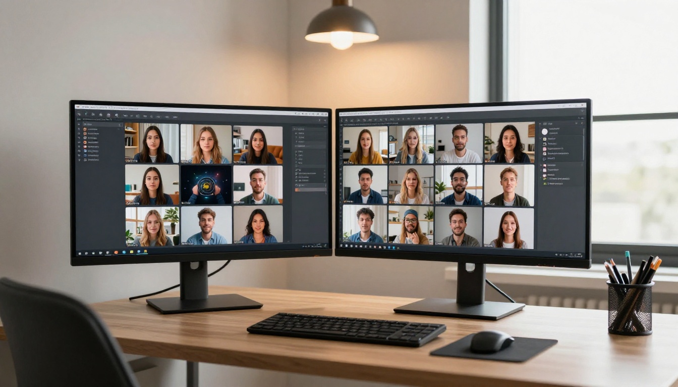 Professional content creator at modern dual-monitor desk with AI model selection grid on screens