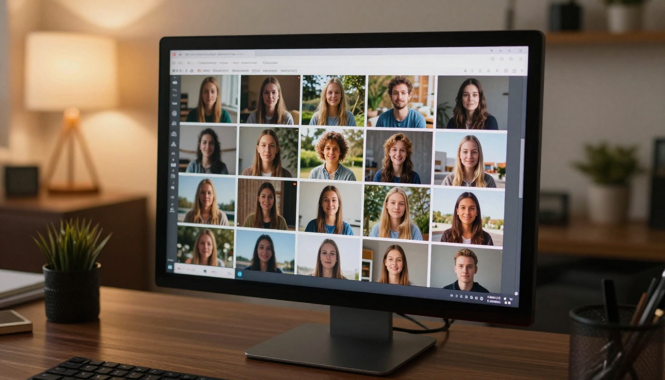 AI image generation interface on a widescreen monitor showing photorealistic portrait thumbnails in a grid layout