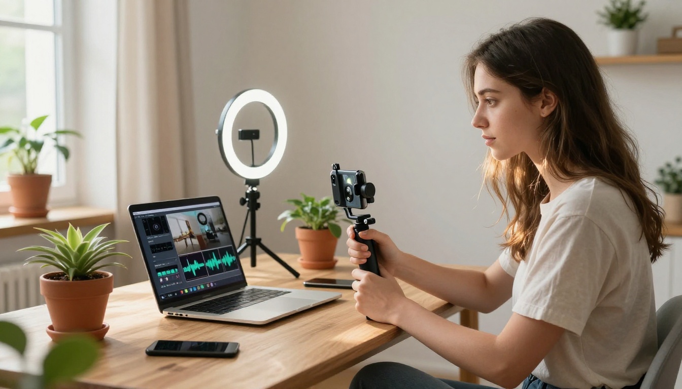 Social media content creator filming synchronized audio-video content in home studio Social media content creator filming synchronized audio-video content in home studio