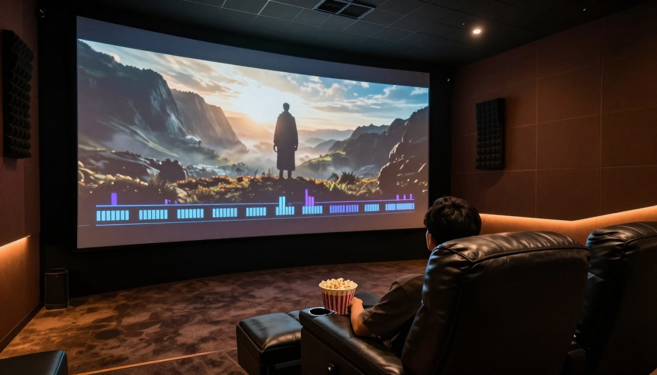 Home cinema viewer experiencing immersive AI-generated synchronized audio-video content Home cinema viewer experiencing immersive AI-generated synchronized audio-video content