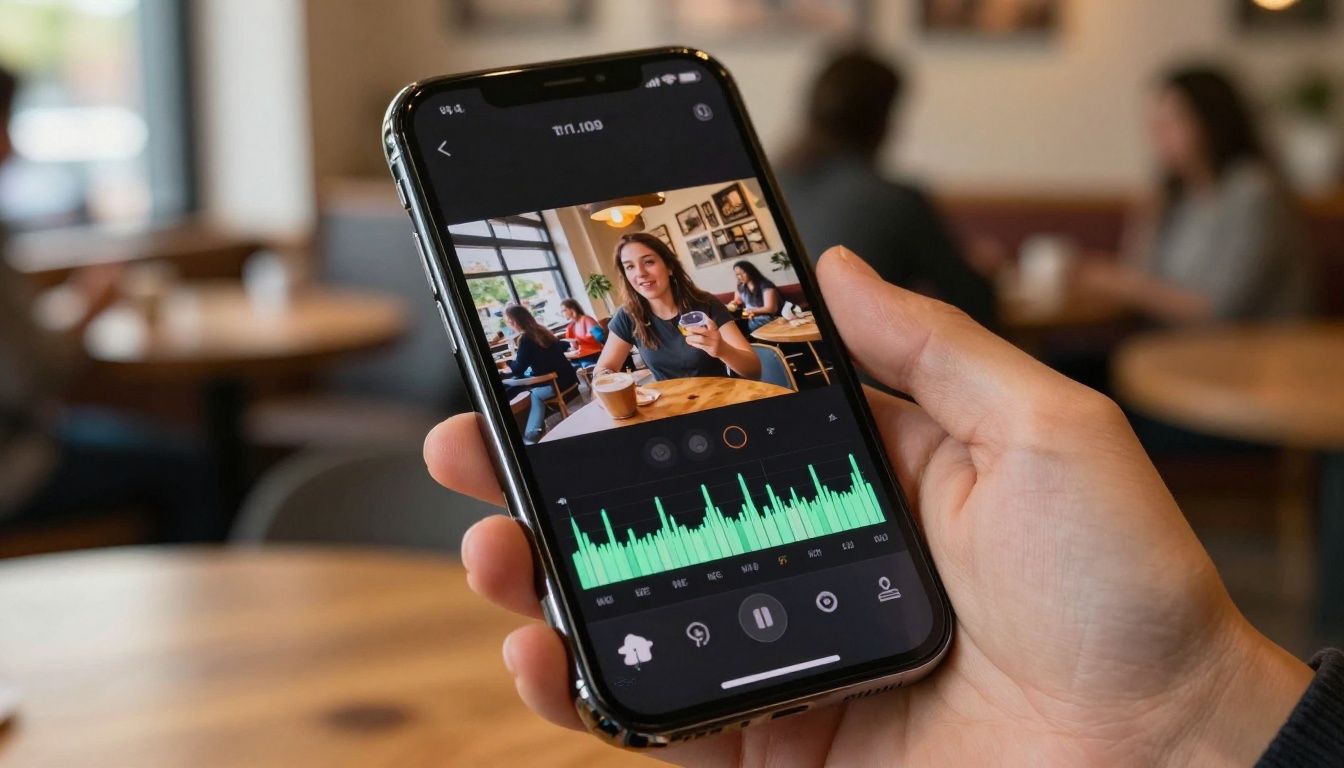 Smartphone displaying AI-generated video with synchronized audio waveform in coffee shop Smartphone displaying AI-generated video with synchronized audio waveform in coffee shop