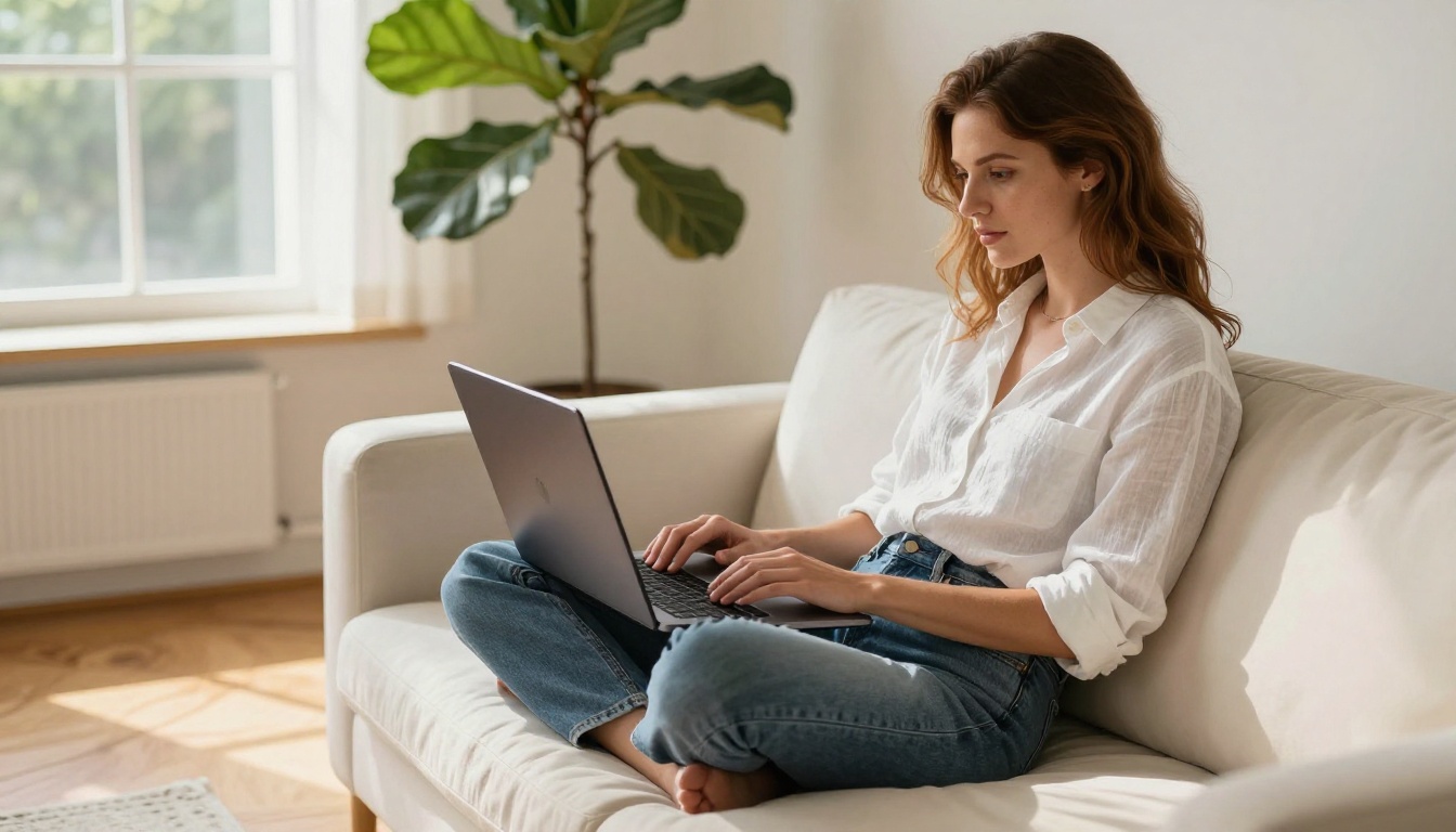 Woman in white linen shirt working on laptop on modern cream sofa in bright living room