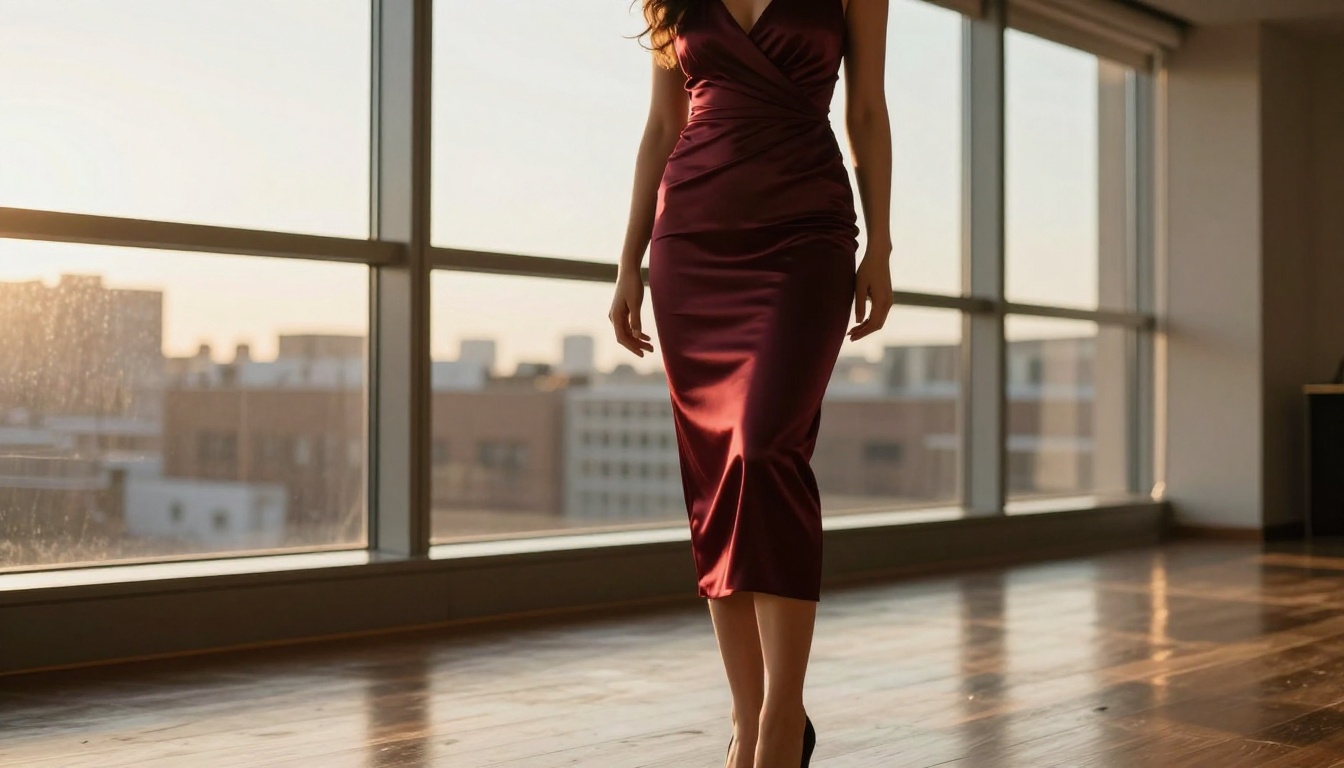 Woman in fitted burgundy midi dress near studio windows with city backdrop