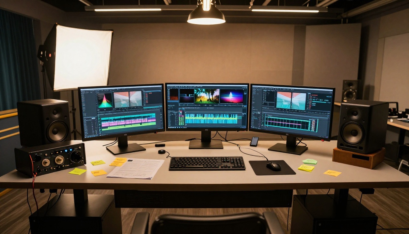 Professional multi-monitor video production studio setup with audio interface and studio monitors