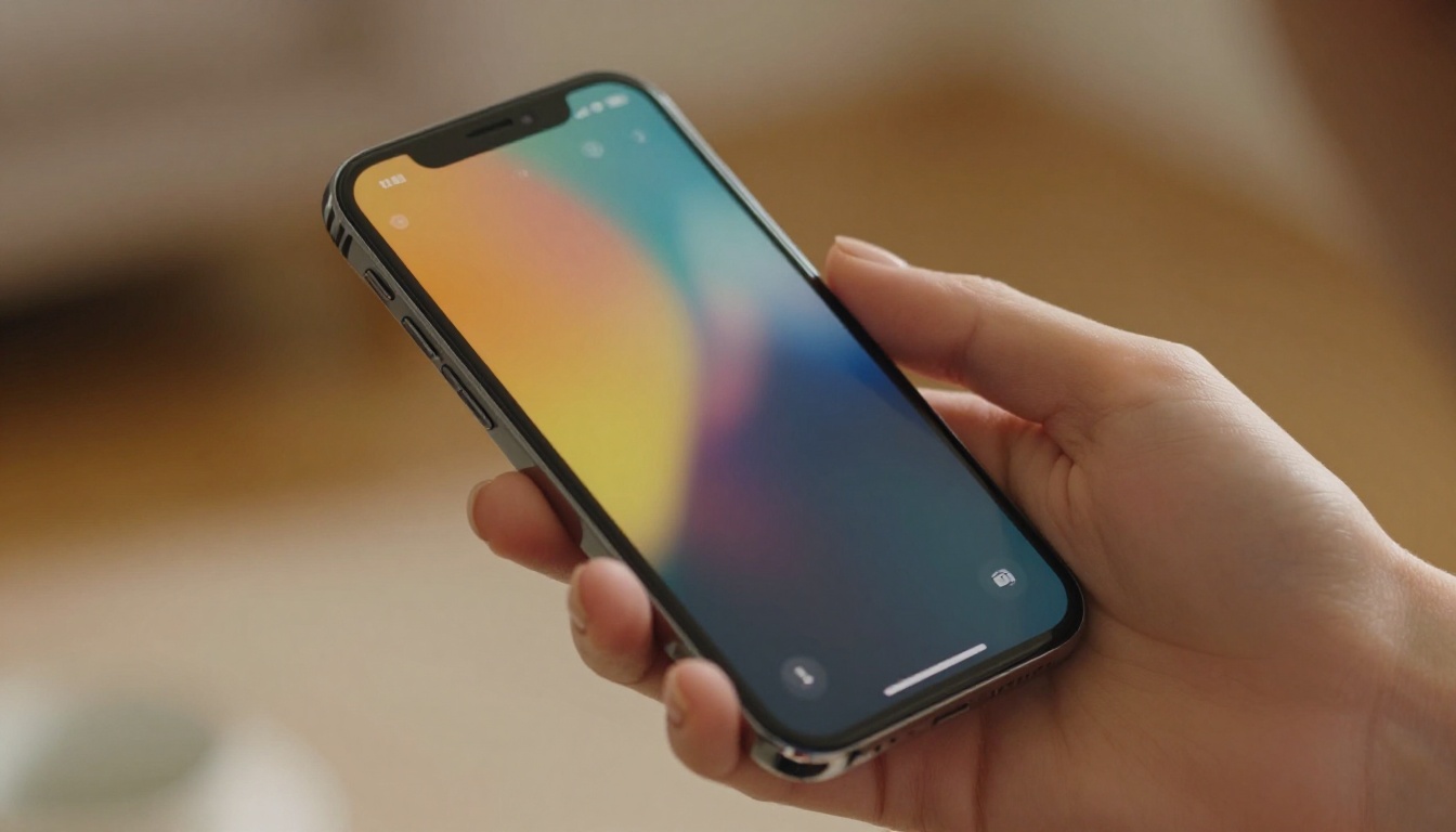 Extreme close-up of a smartphone held in hand showing a soft glowing vertical video interface