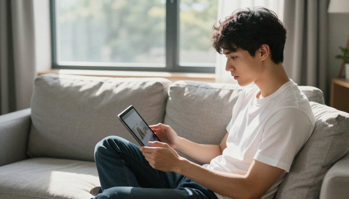 Young man reviewing video footage on a large tablet while sitting on a gray linen sofa in morning light
