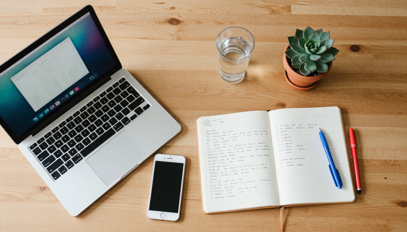 Aerial flat-lay of a creative workspace with laptop, smartphone, notebook, pens, succulent and water glass