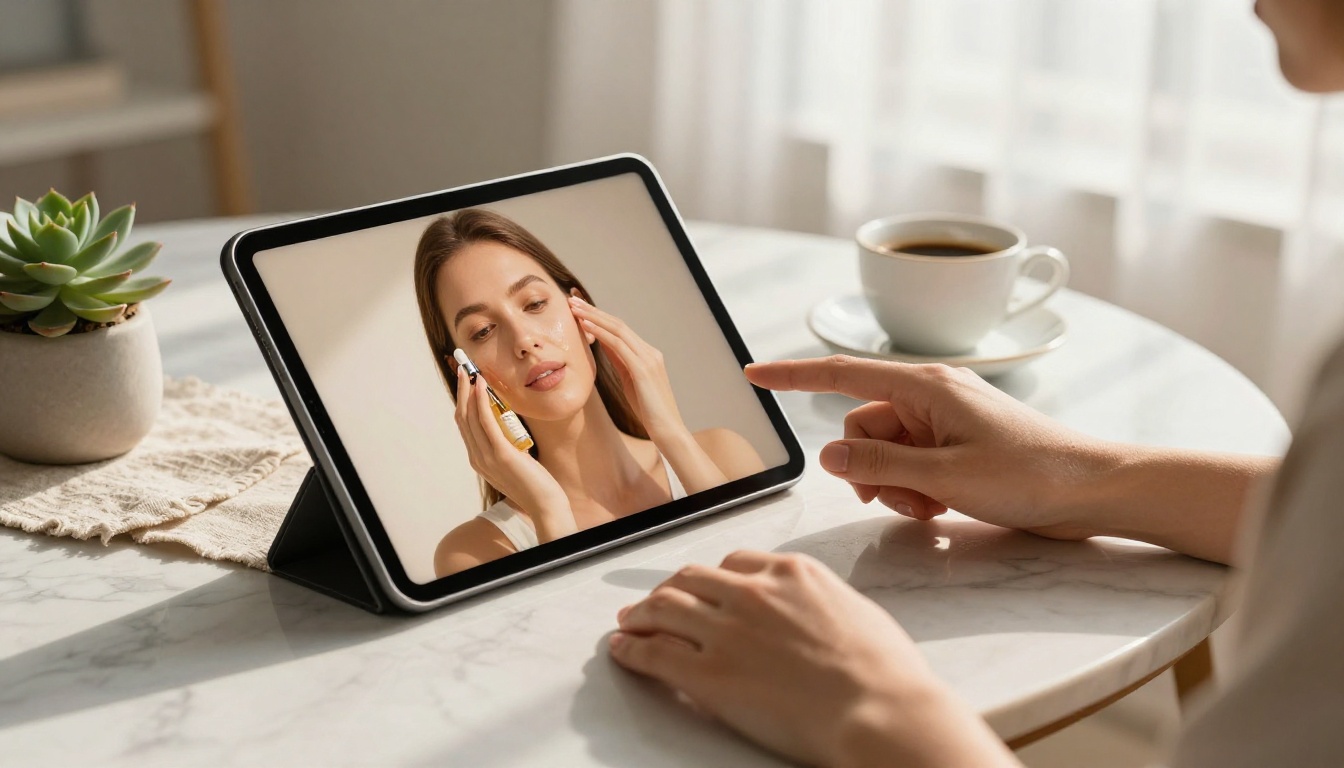 Hands scrolling through a social media feed pausing on an AI-generated skincare product ad on a tablet