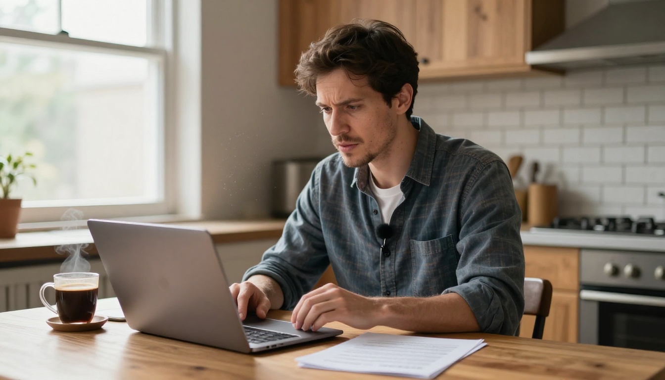 Small business owner recording his AI ad script using a lapel microphone at a wooden kitchen table