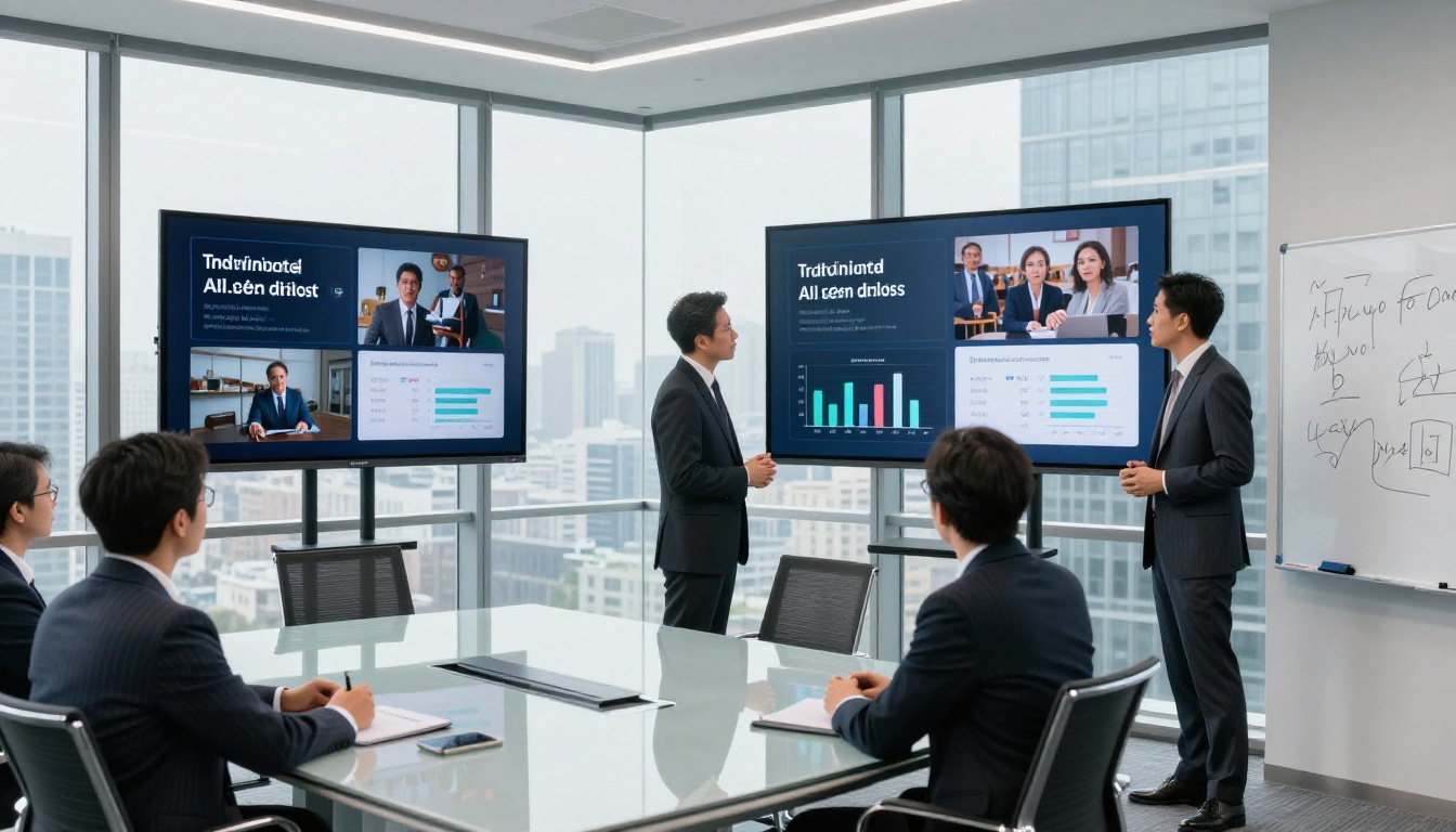 Senior brand executives reviewing AI-generated ad performance metrics in a glass conference room