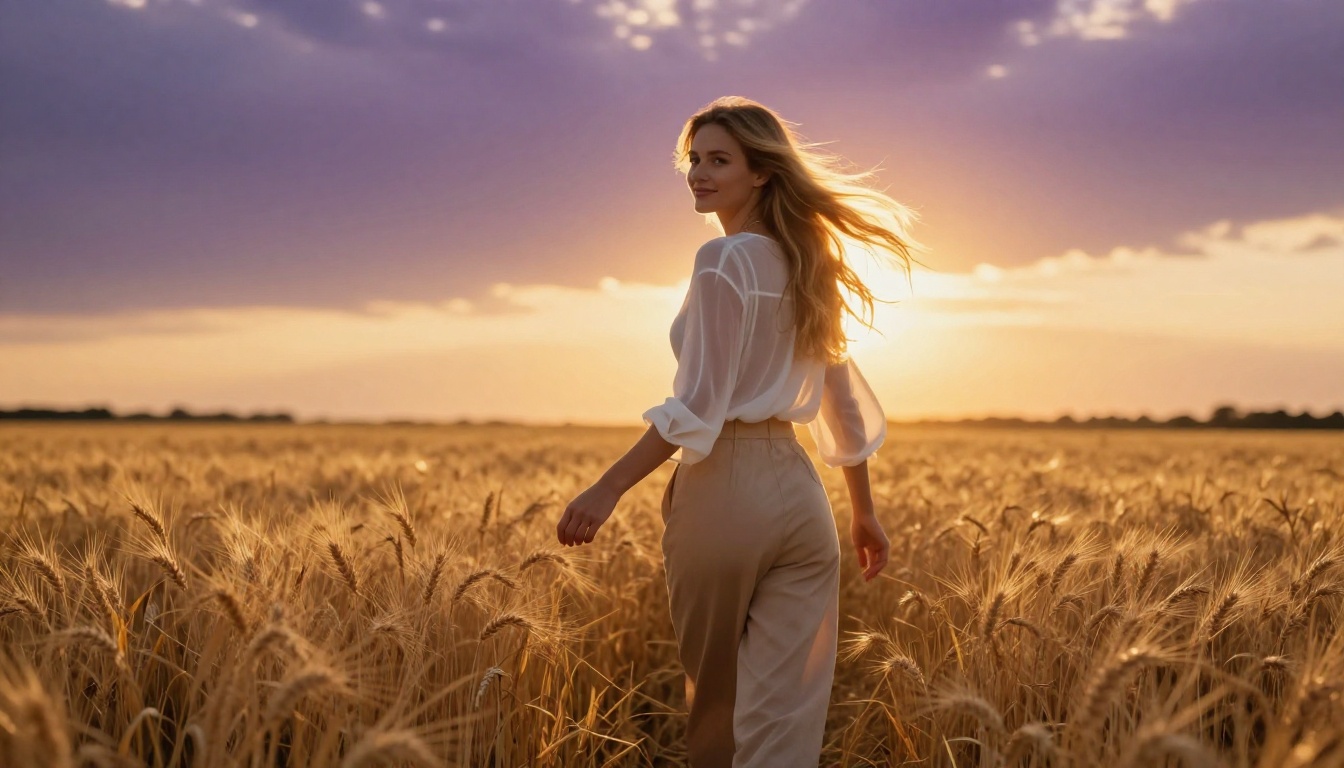 Woman in white chiffon blouse walking through golden wheat fields at sunset, backlit Woman in white chiffon blouse walking through golden wheat fields at sunset, backlit