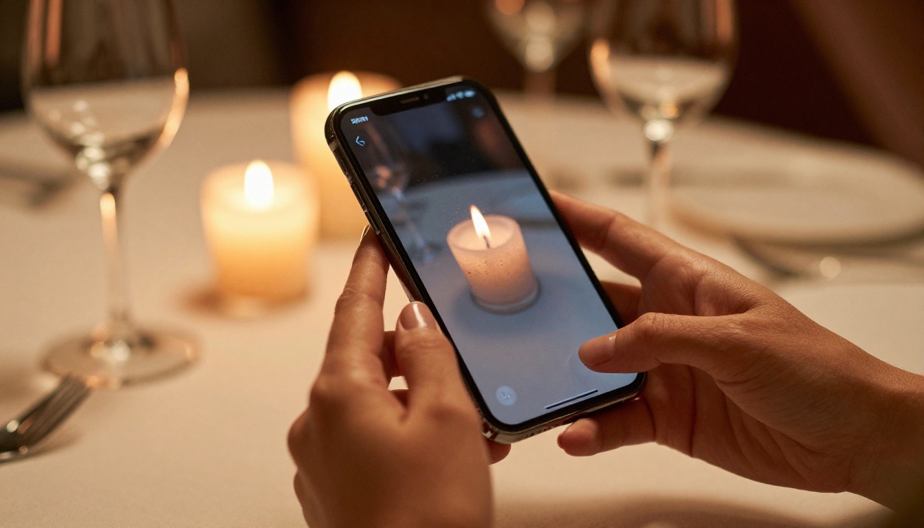 Close-up of hands on a smartphone with an AI generation interface in a candlelit setting Close-up of hands on a smartphone with an AI generation interface in a candlelit setting