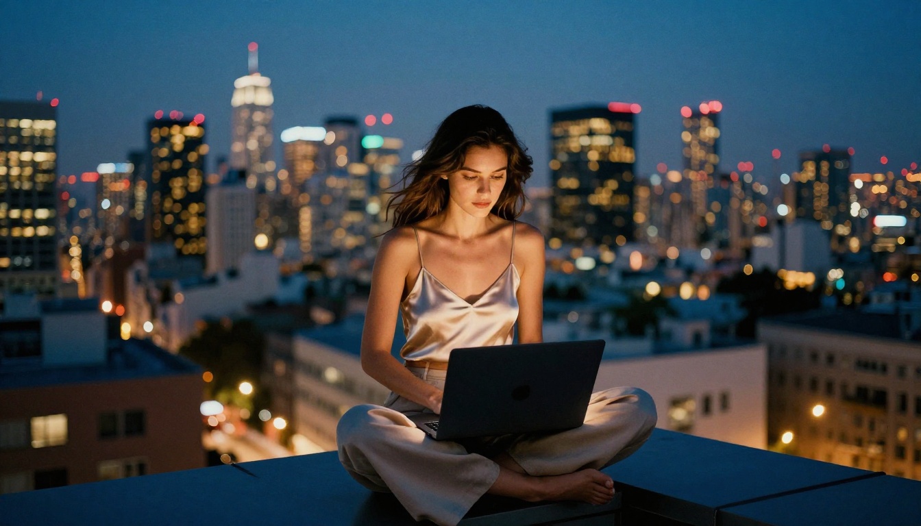 Woman on a rooftop terrace at blue hour, city lights bokeh in the background, Fujifilm color rendering Woman on a rooftop terrace at blue hour, city lights bokeh in the background, Fujifilm color rendering