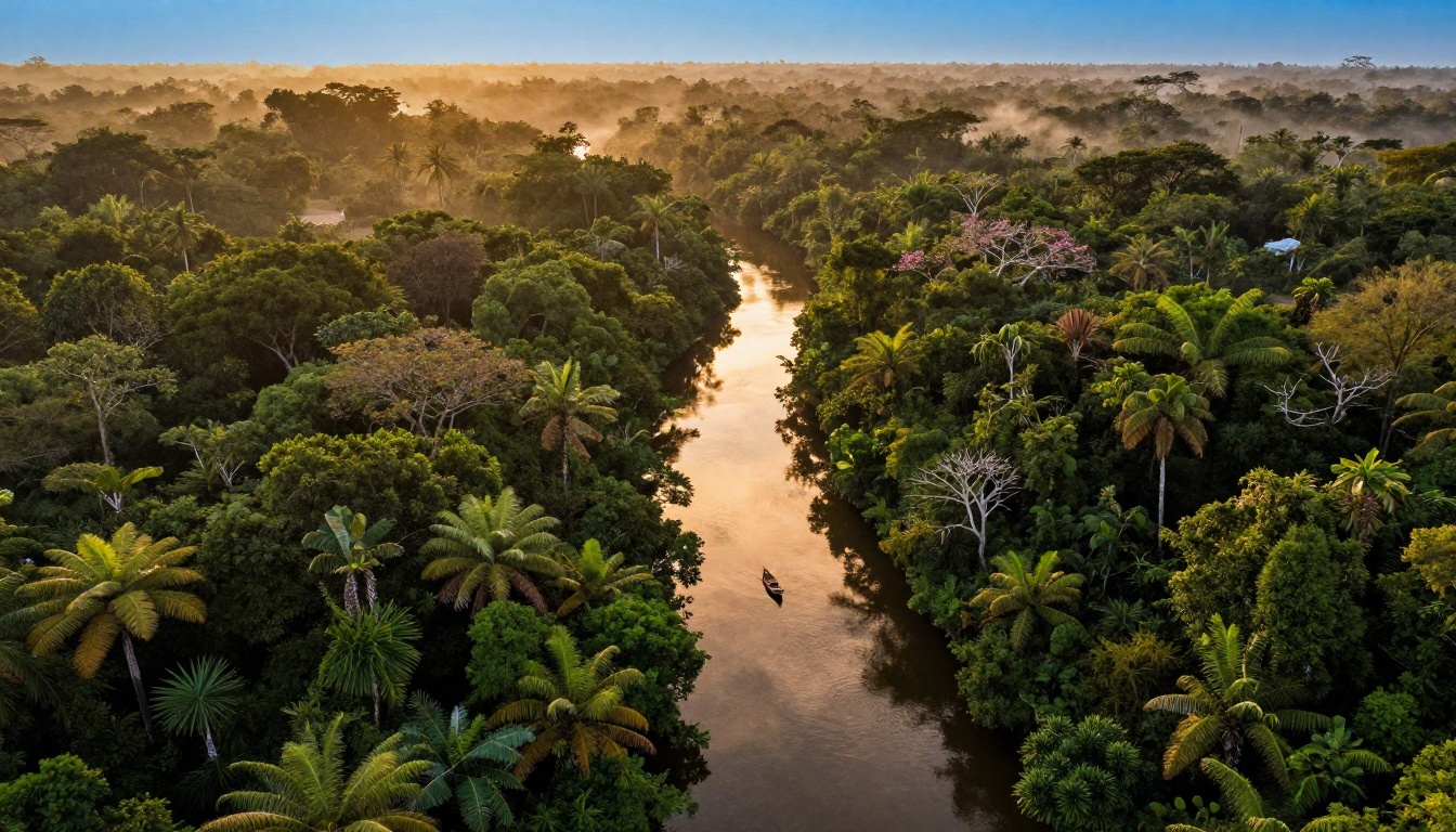 Aerial bird's-eye drone shot of a dense tropical rainforest canopy at golden hour, river winding below Aerial bird's-eye drone shot of a dense tropical rainforest canopy at golden hour, river winding below
