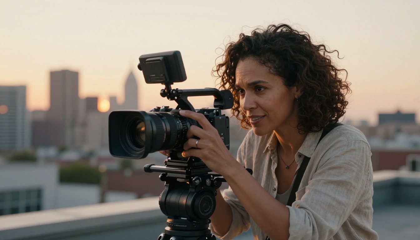 Mixed-race documentary filmmaker on a rooftop at golden hour, shoulder-mount cinema camera, city skyline bokeh Mixed-race documentary filmmaker on a rooftop at golden hour, shoulder-mount cinema camera, city skyline bokeh