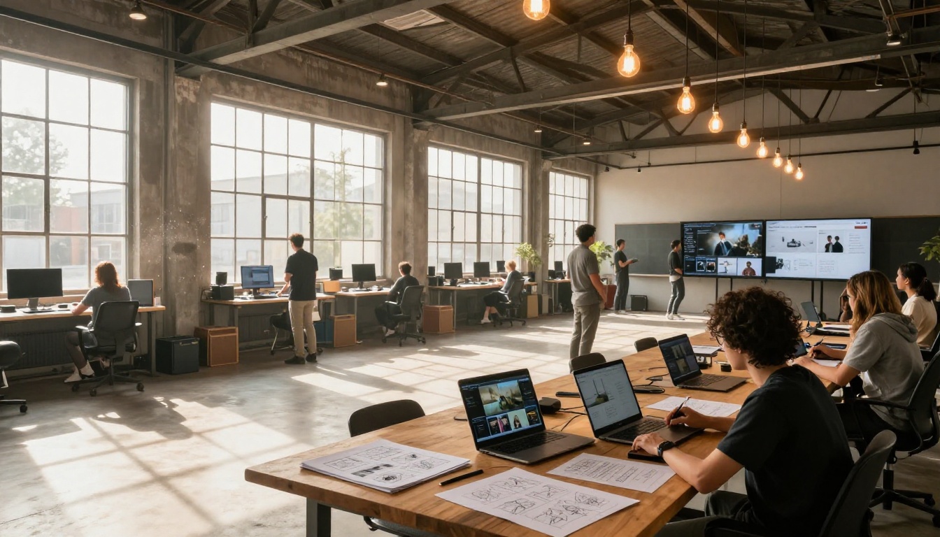 Wide shot of a converted industrial warehouse creative studio, diverse team reviewing footage on wall monitors Wide shot of a converted industrial warehouse creative studio, diverse team reviewing footage on wall monitors