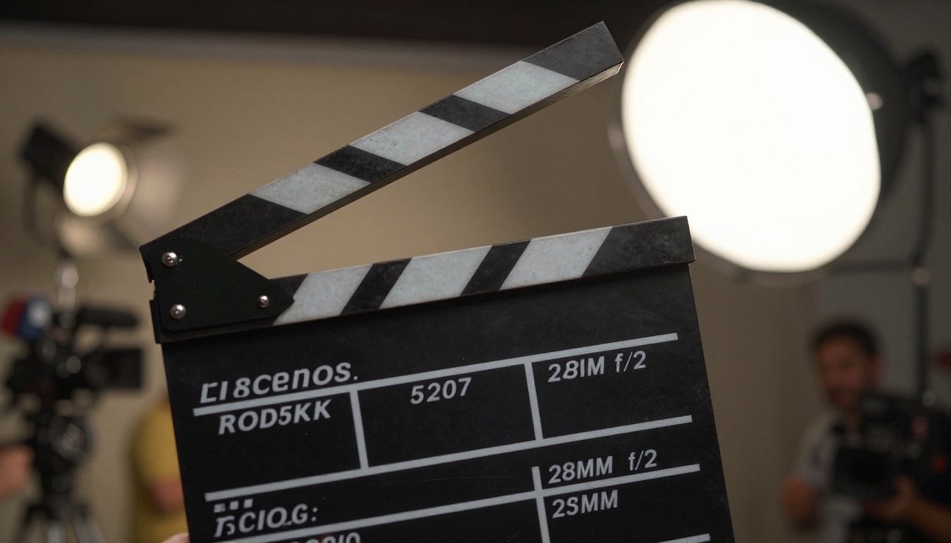 Cinema-grade clapperboard held midair against a blurred warm film set, worn metal corners, softbox light Cinema-grade clapperboard held midair against a blurred warm film set, worn metal corners, softbox light