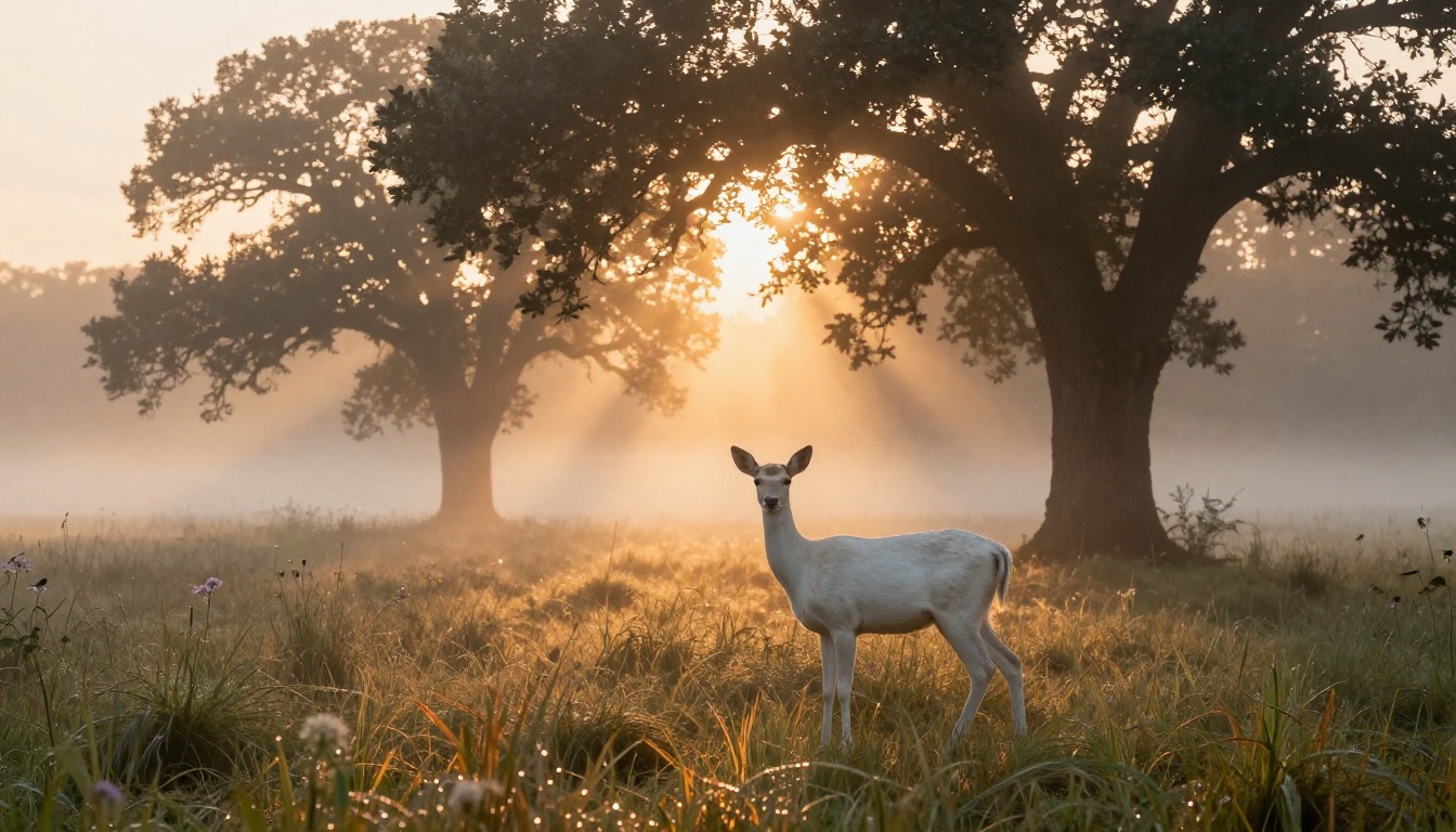 Cinematic animated nature scene showing misty morning meadow with deer at sunrise