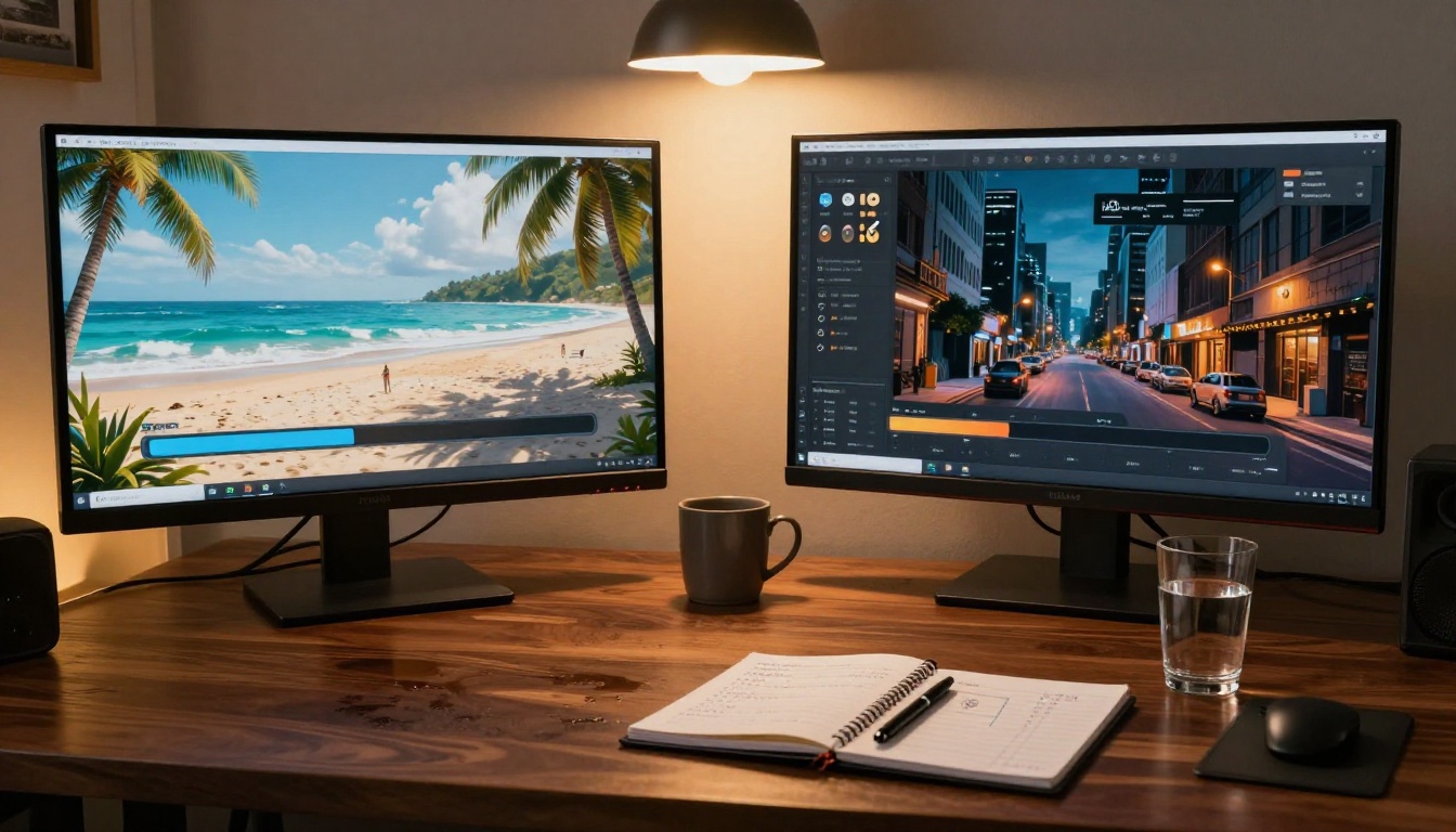 Dual monitor comparison of two different AI video generation interfaces