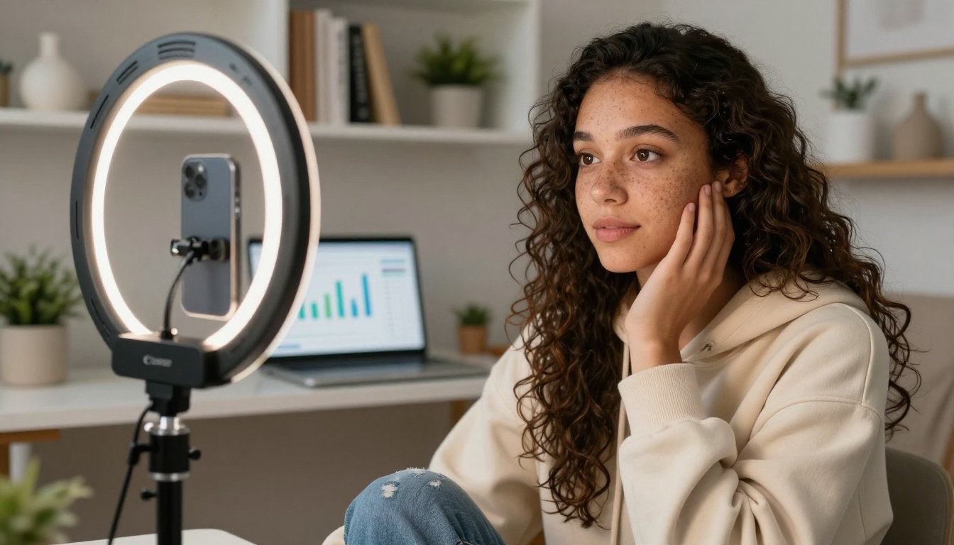 Content creator filming social media videos in a home studio with ring light setup