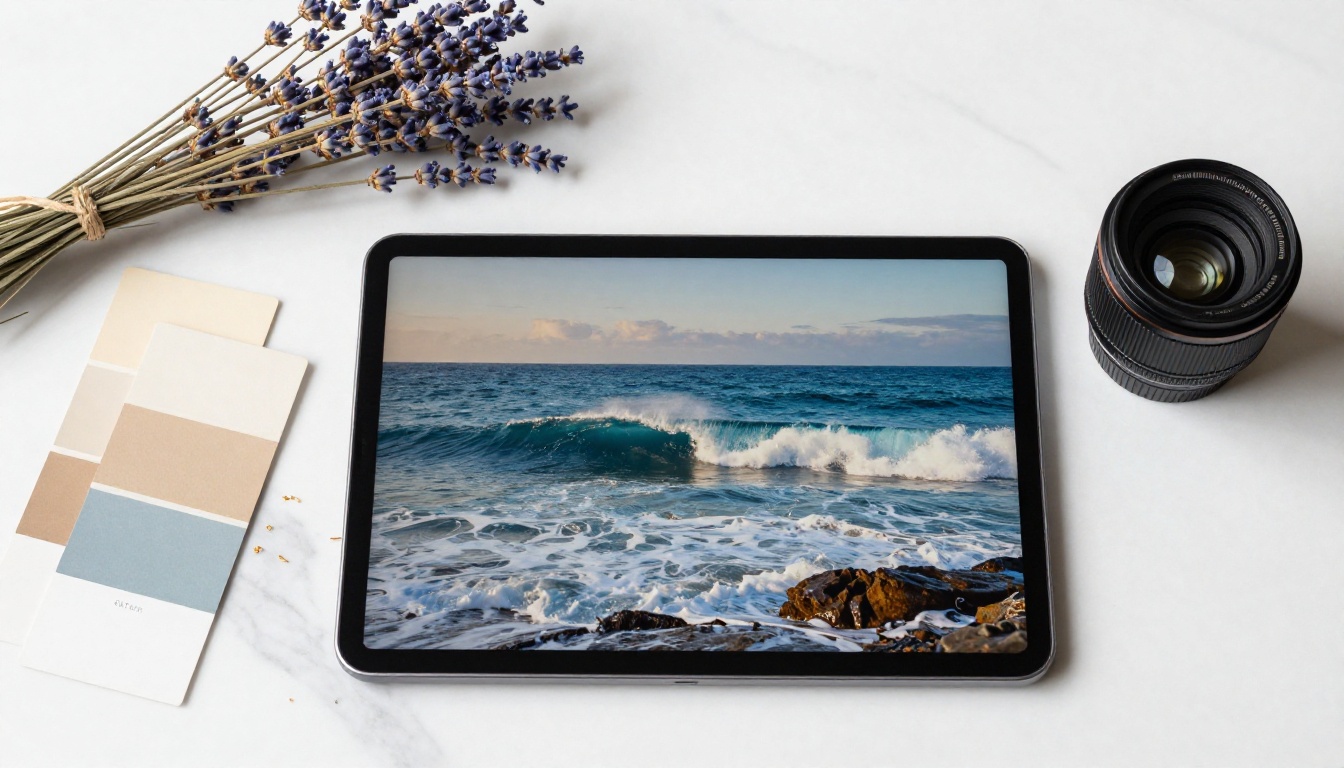 Flat lay of tablet showing AI animated seascape beside original still photograph on white marble surface