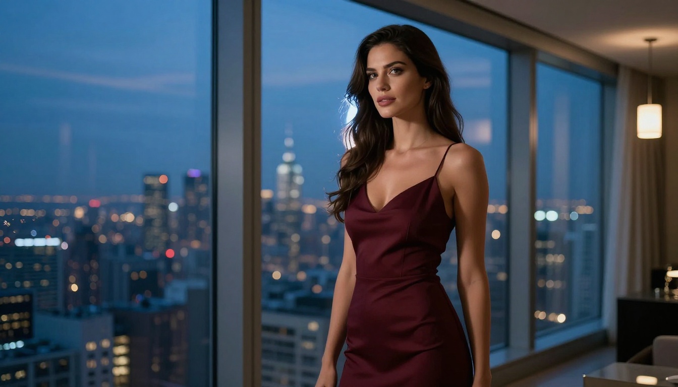Beautiful woman in burgundy slip dress at penthouse window, city skyline at night with blue backlight