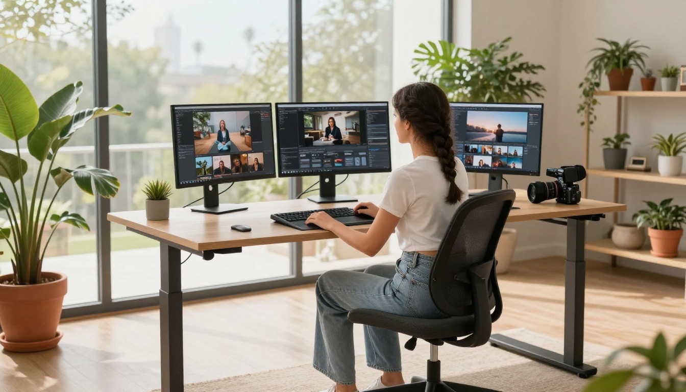 Creative woman at standing desk in Scandinavian home studio, AI video thumbnails on multiple monitors