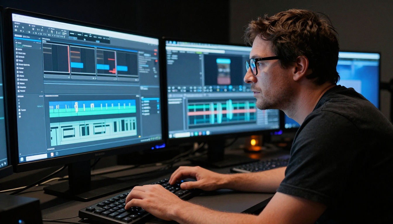 Film director leaning toward a reference monitor showing camera motion keyframes in a darkened editing bay Film director leaning toward a reference monitor showing camera motion keyframes in a darkened editing bay