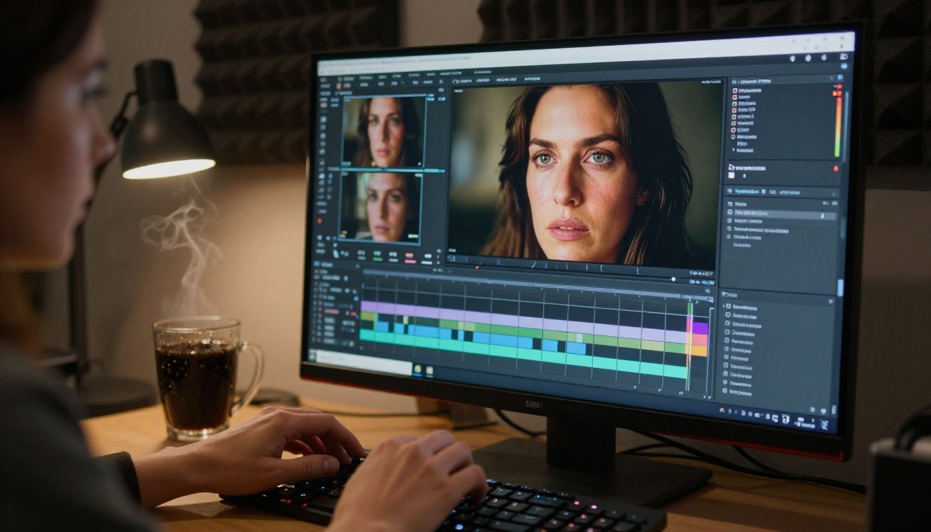 Female video editor at professional editing workstation reviewing film footage on monitors Female video editor at professional editing workstation reviewing film footage on monitors