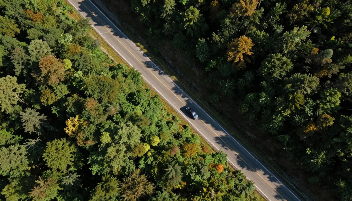 Cinematic aerial overhead shot of a winding mountain road through dense forest canopy Cinematic aerial overhead shot of a winding mountain road through dense forest canopy