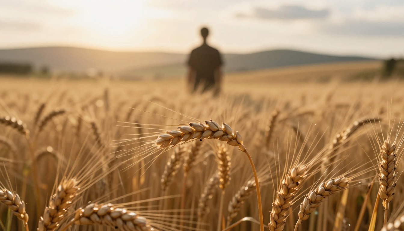 Cinematic rack focus through a wheat field, sharp foreground grain stalks with individual seed texture, soft bokeh silhouette in midground, warm golden backlight, photorealistic 8K Cinematic rack focus through a wheat field, sharp foreground grain stalks with individual seed texture, soft bokeh silhouette in midground, warm golden backlight, photorealistic 8K