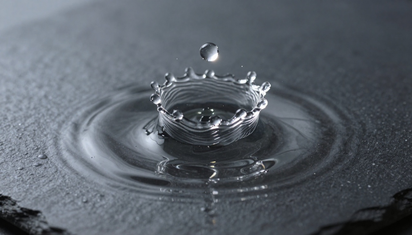 Extreme slow-motion frozen moment of a water droplet crown impact on dark slate, specular highlights, transparent water walls showing refracted light, photorealistic 8K Extreme slow-motion frozen moment of a water droplet crown impact on dark slate, specular highlights, transparent water walls showing refracted light, photorealistic 8K
