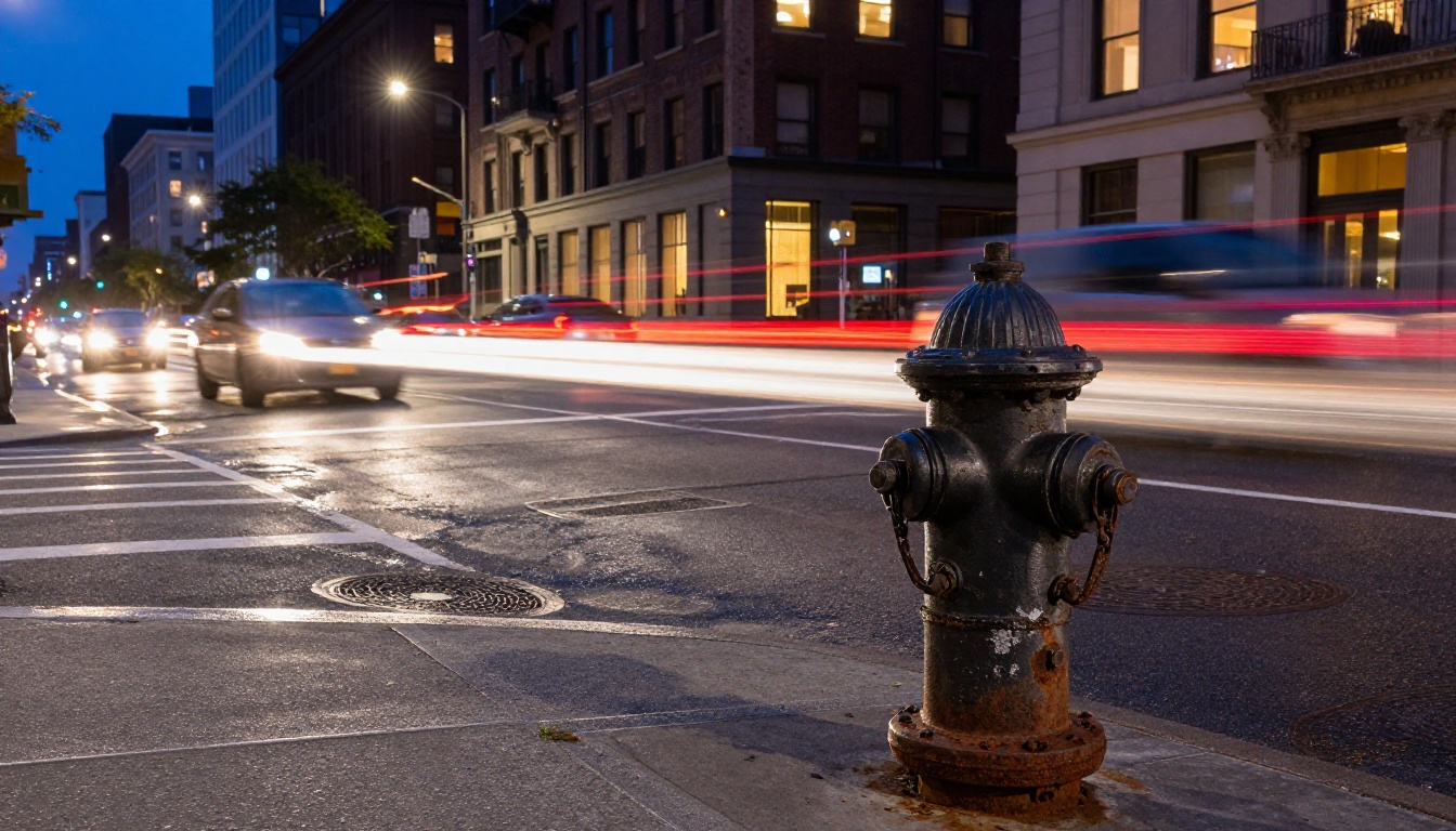 Long-exposure city intersection at dusk showing vehicle light trails across wet pavement, sharp foreground fire hydrant texture, warm window-lit buildings behind, photorealistic 8K Long-exposure city intersection at dusk showing vehicle light trails across wet pavement, sharp foreground fire hydrant texture, warm window-lit buildings behind, photorealistic 8K