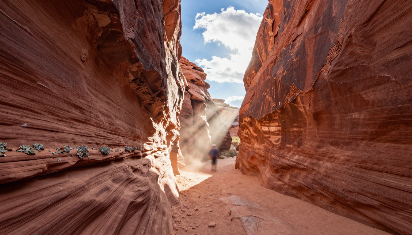 Layered parallax composition through a narrow Utah canyon slot, sharp foreground sandstone texture with iron oxide bands, soft midground hiker in bokeh, light shafts from above, photorealistic 8K Layered parallax composition through a narrow Utah canyon slot, sharp foreground sandstone texture with iron oxide bands, soft midground hiker in bokeh, light shafts from above, photorealistic 8K
