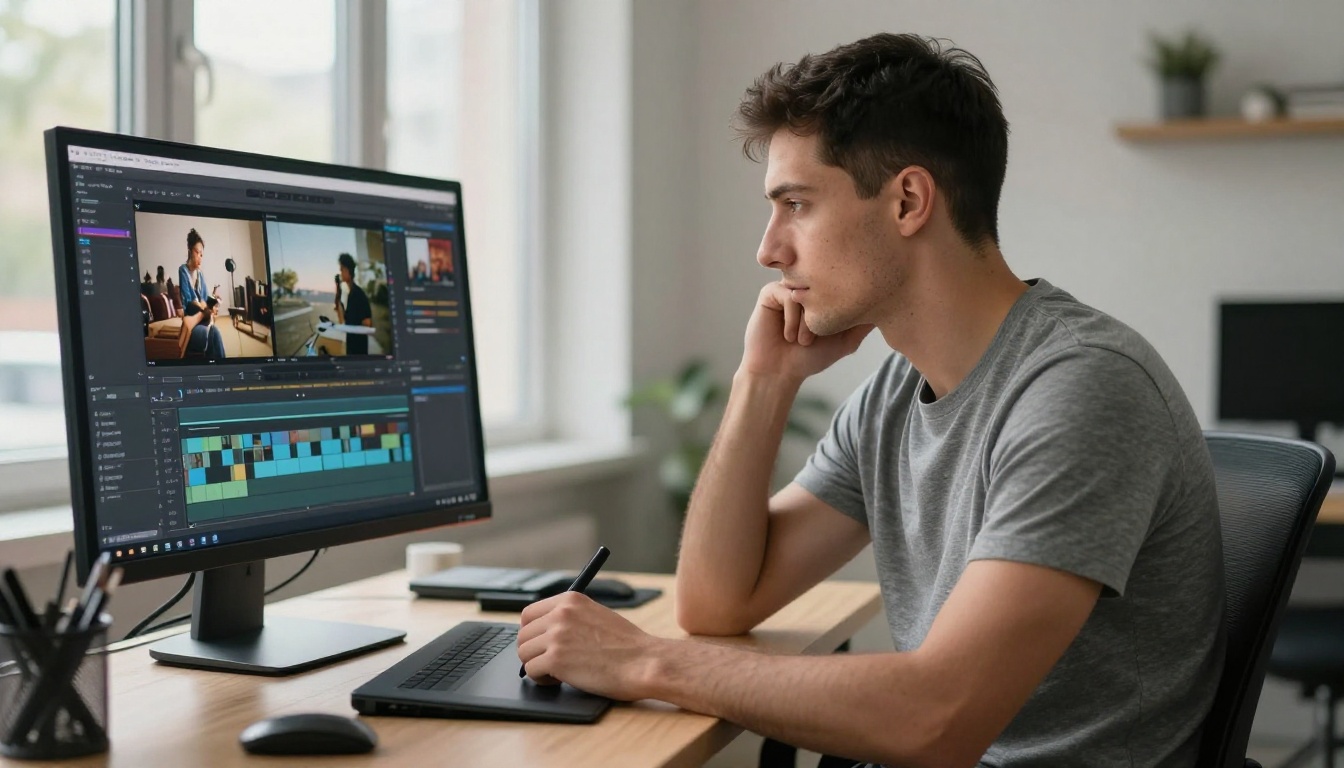 Content creator reviewing vertical video footage on editing setup Content creator reviewing vertical video footage on editing setup
