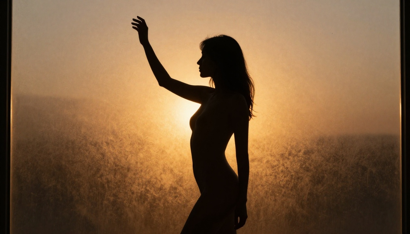 Artistic silhouette of woman, backlit frosted glass window at dusk, implied nudity, fine art Artistic silhouette of woman, backlit frosted glass window at dusk, implied nudity, fine art