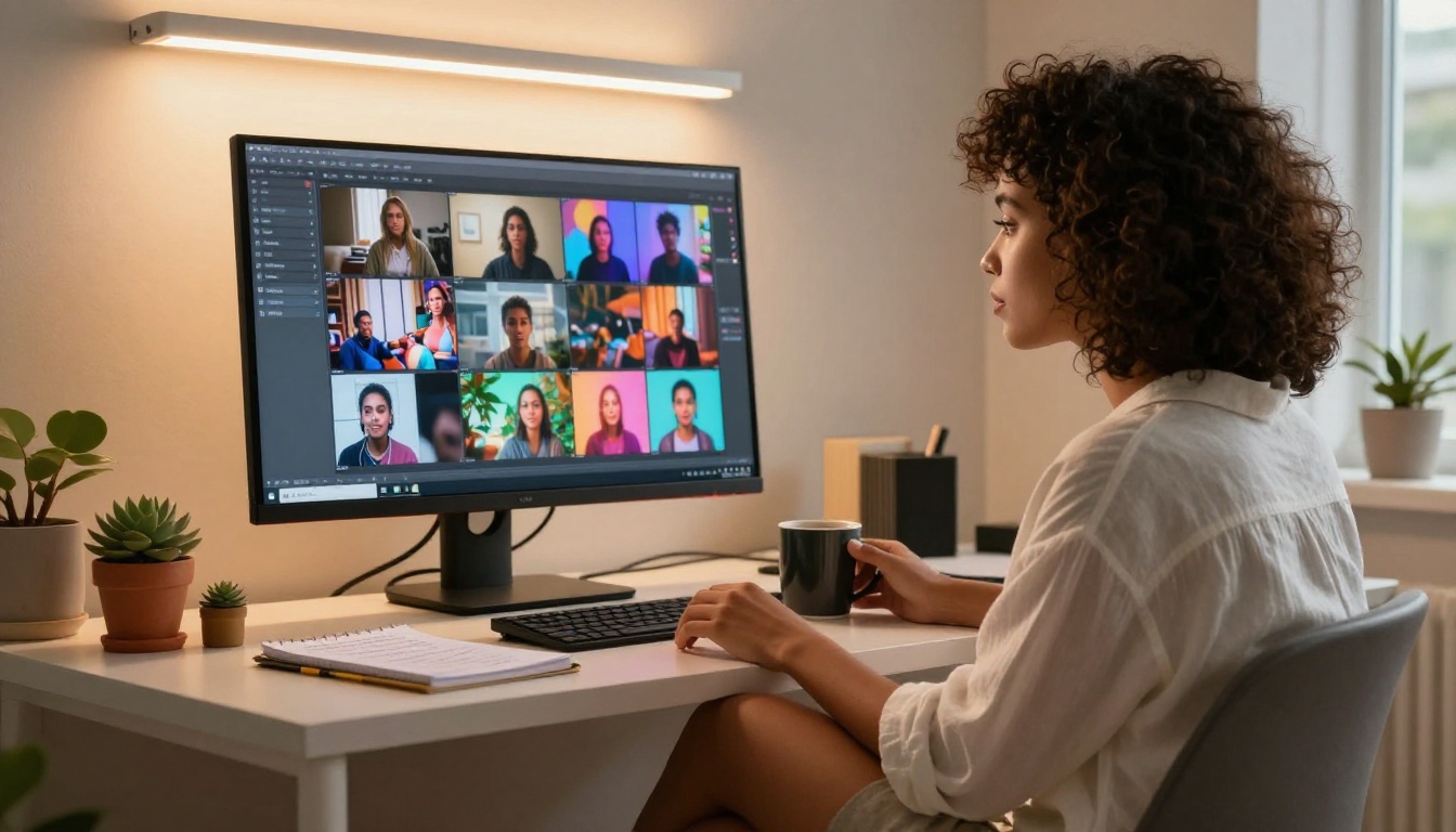 Professional creator at home studio desk, monitor showing AI video thumbnails, natural window light Professional creator at home studio desk, monitor showing AI video thumbnails, natural window light